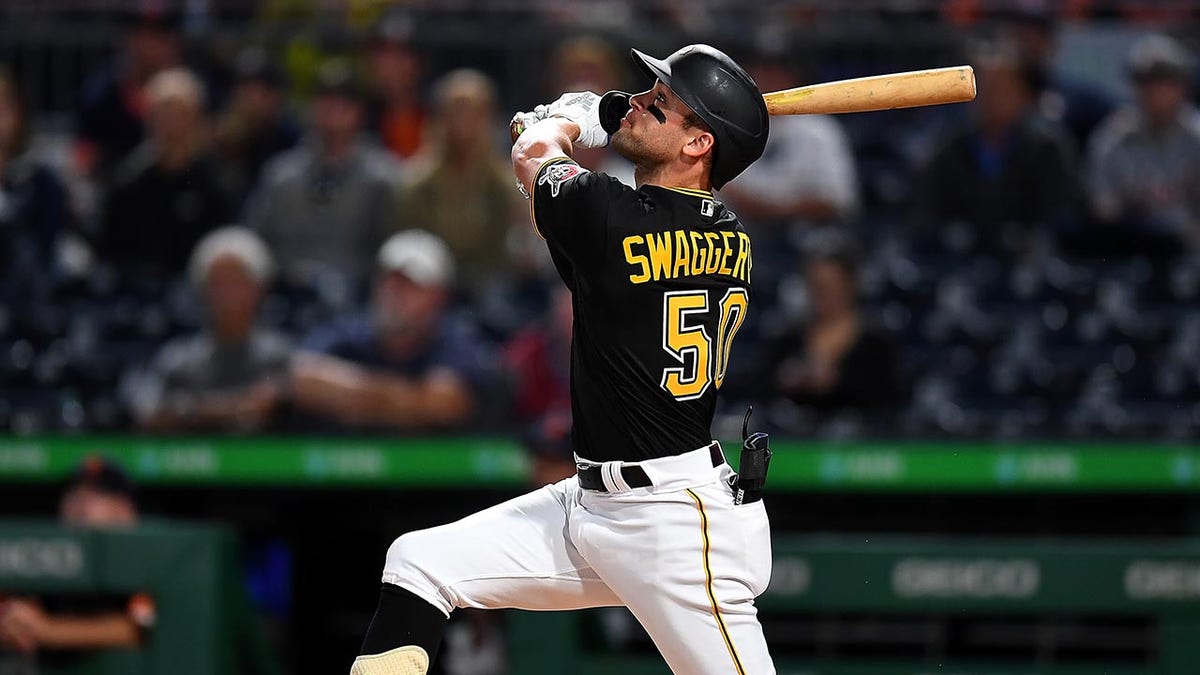 Travis Swaggerty at bat during a Pirates game in 2022