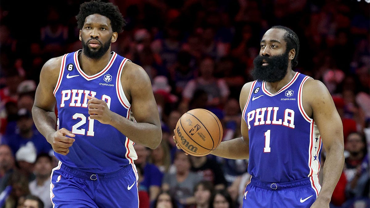 Joel Embiid and James Harden play against the Celtics