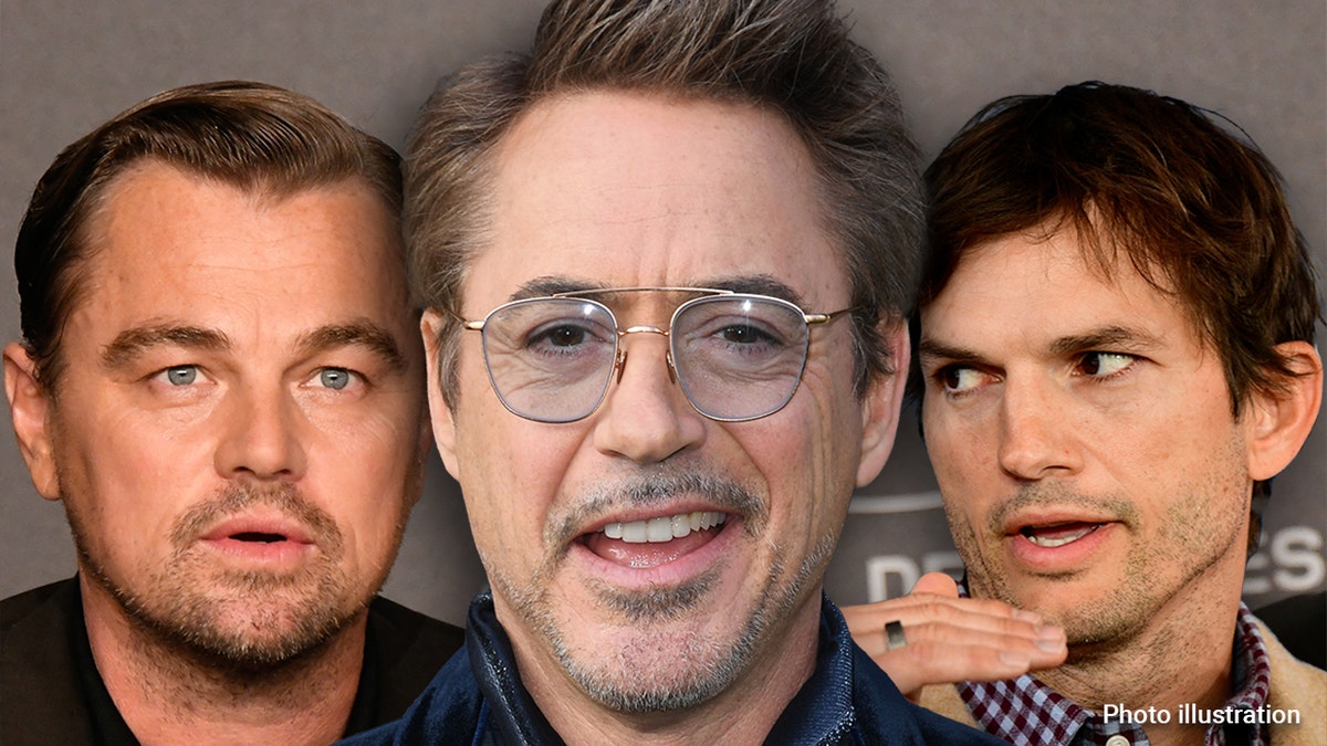 A photo illustration including Leonardo DiCaprio behind the podium, Robert Downey Jr. with transparent/blue-tinted shades, and Ashton Kutcher sitting looking towards his right