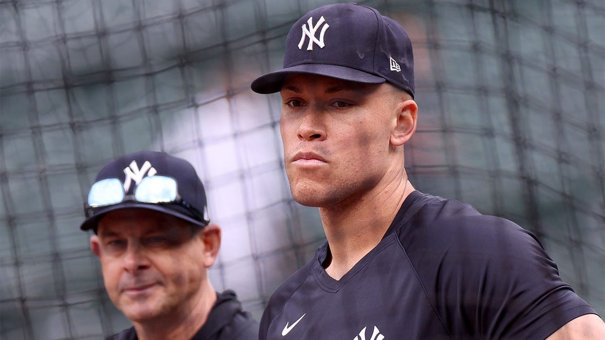 Aaron Judge looks on at batting practice