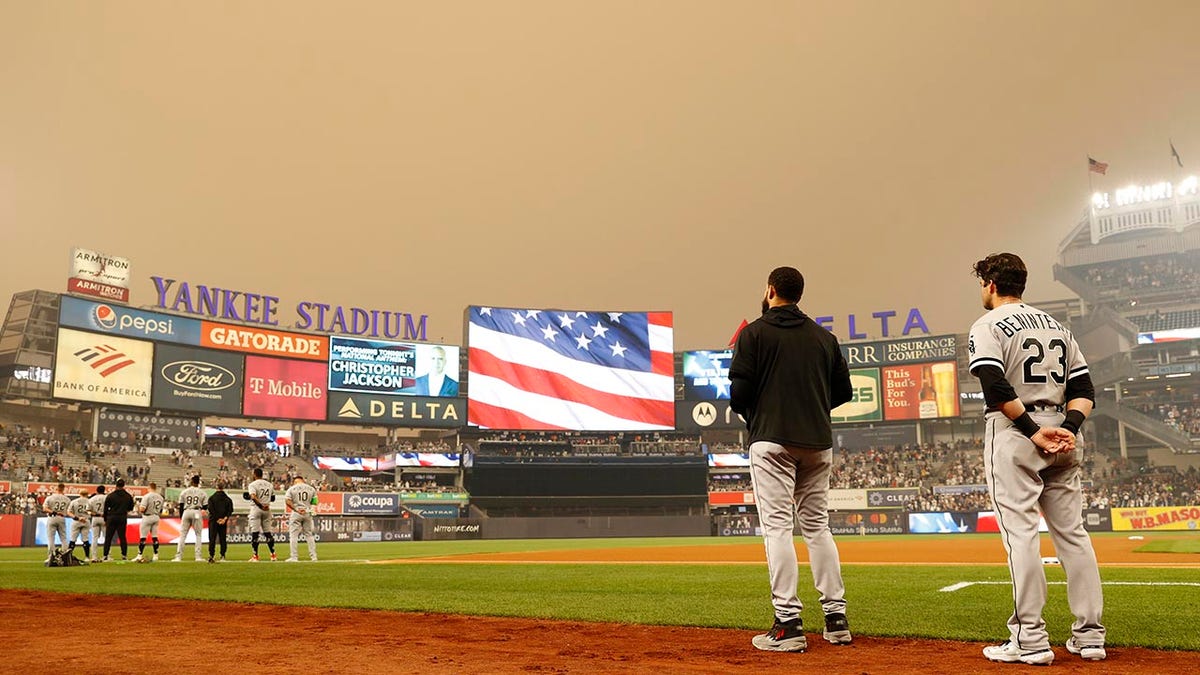 Yankee Stadium under hazy conditions
