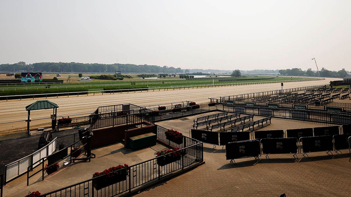 A generl view of the racetrack at Belmont Park