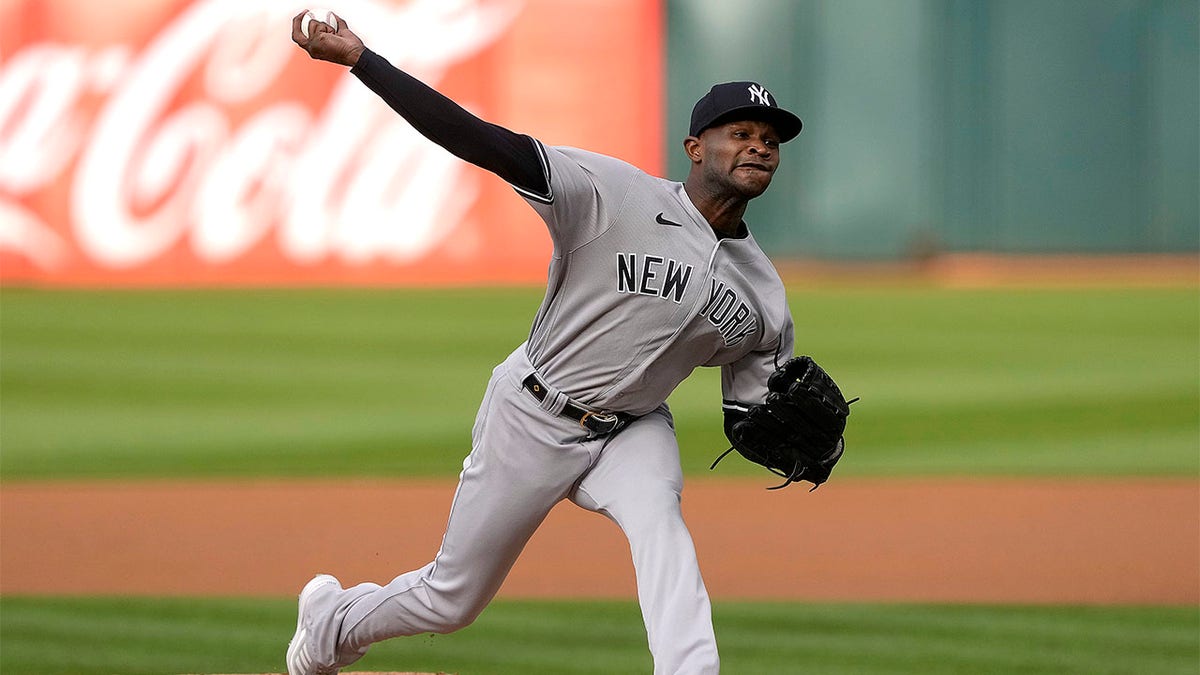 Domingo German pitches against the Oakland A's