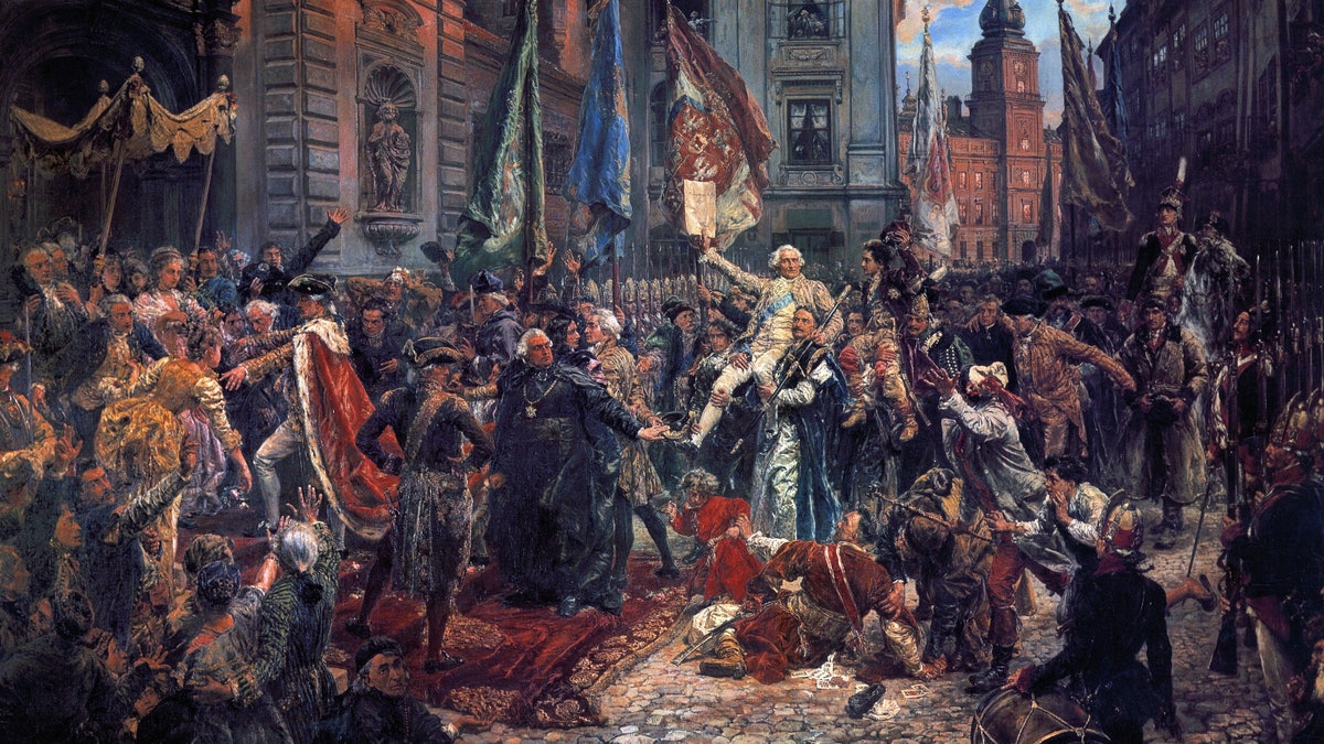 "Constitution of May 1791" by Matejko (1891). King Stanislaw August enters St John's Cathedral, Warsaw, Poland. The painting depicts King Stanislaw Augustus together with members of the Grand Sejm and inhabitants of Warsaw entering St. John's Cathedral in order to swear in the new national constitution just after it had been adopted by the Grand Sejm in the Royal Castle visible in the background.