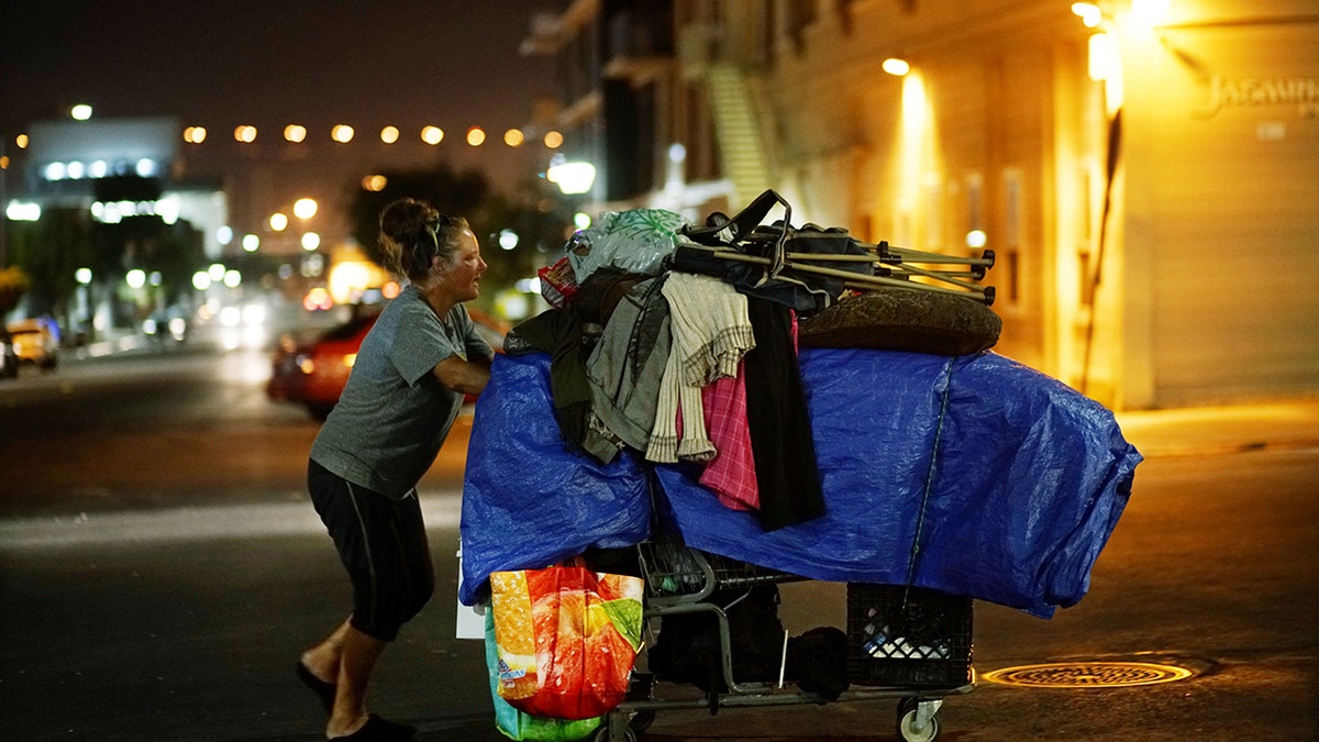 homeless woman walks with shopping cart