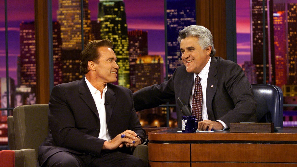 Arnold Schwarzenegger on the set of the tonight show with Jay Leno