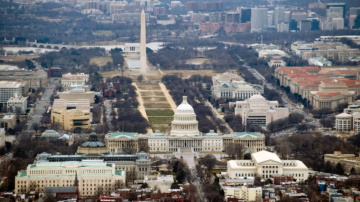 L'horizon de Washington, DC, y compris le bâtiment du Capitole des États-Unis, le Washington Monument et le Lincoln Memorial.  et National Mall, vu du ciel, le 29 janvier 2010.