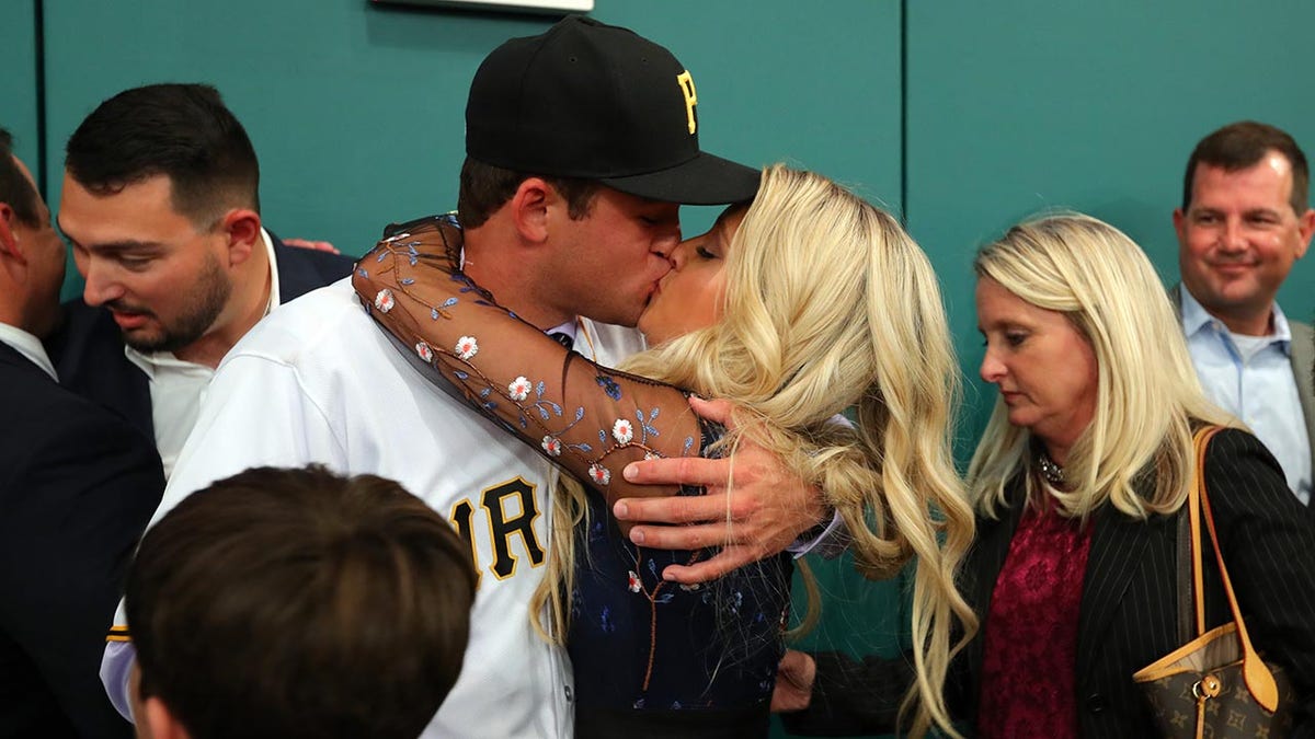 Travis Swaggerty celebrates getting drafted by the Pirates in 2018