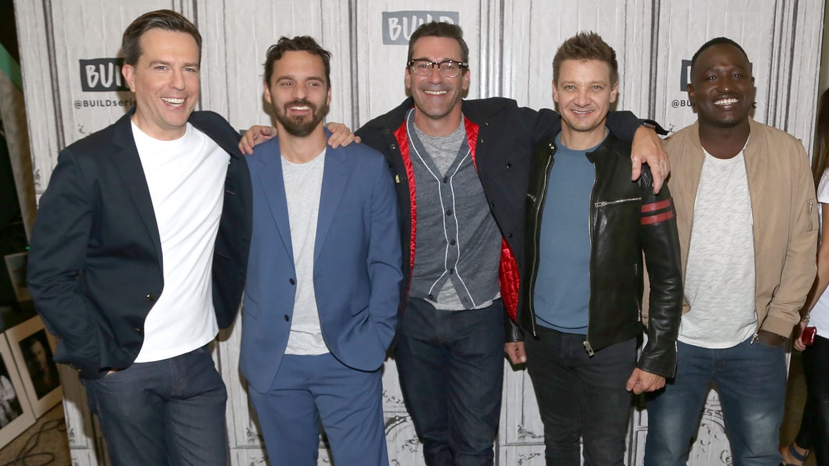 Ed Helms, Jake Johnson, Jon Hamm, Jeremy Renner and Hannibal Buress pose together at an event.