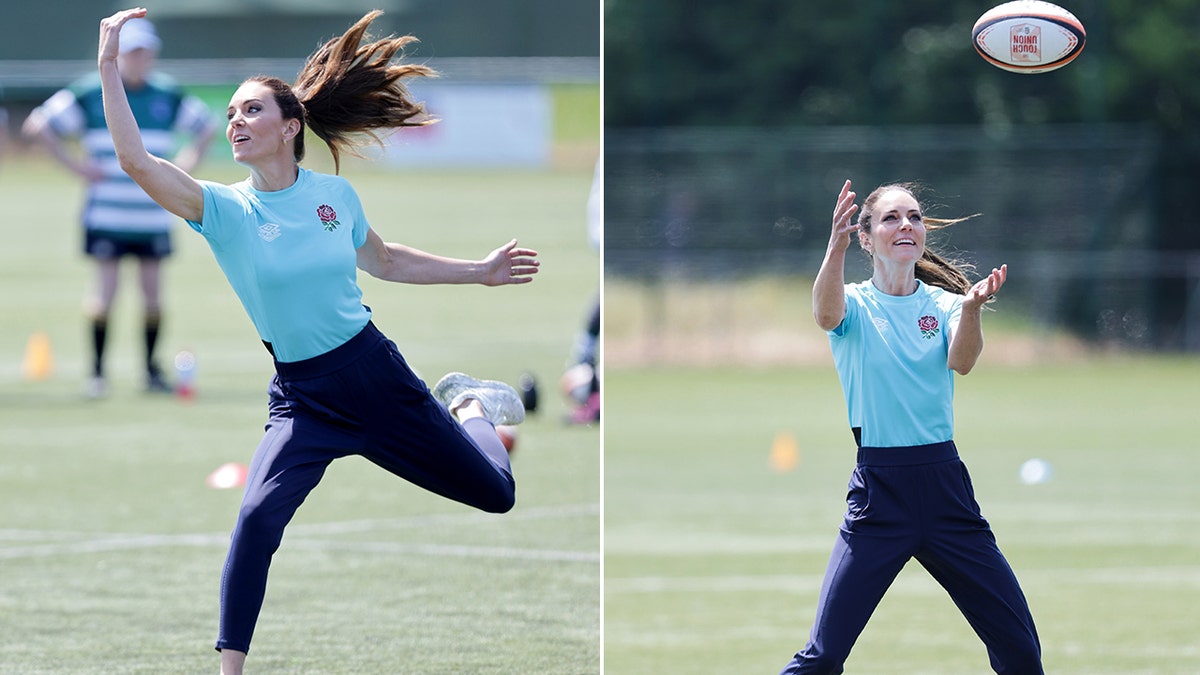 A side-by-side photo of Kate Middleton playing rugby.
