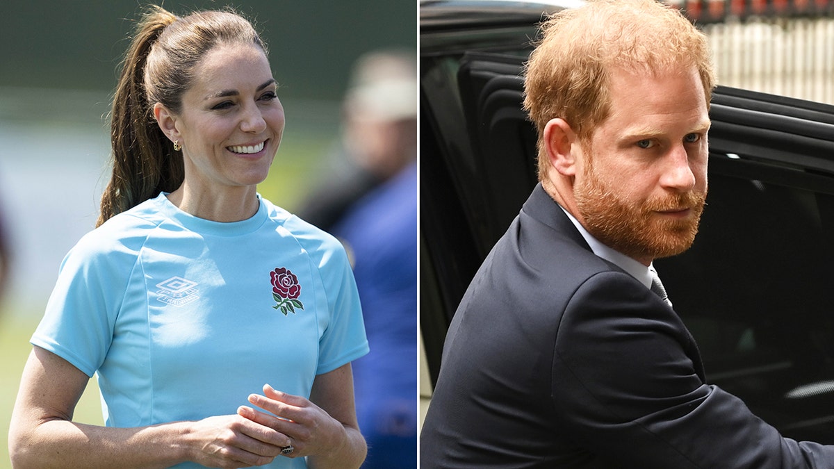 A side-by-side image of Kate Middleton playing rugby and Prince Harry arriving at Londons High Court