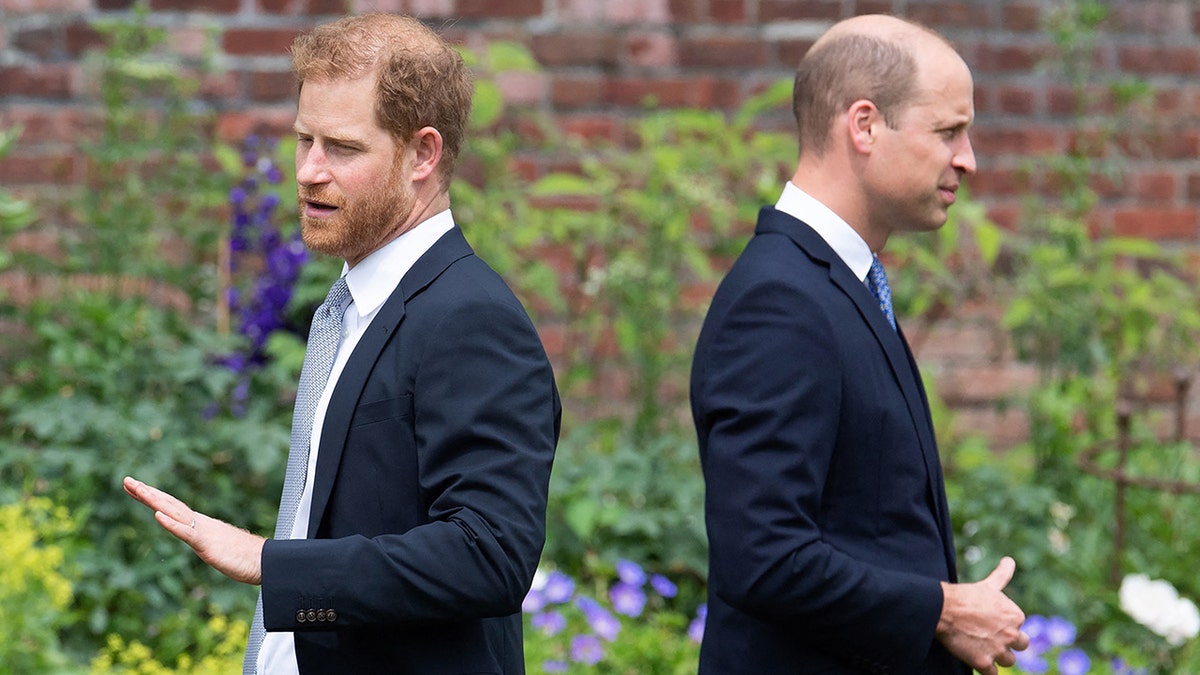 Prince William and Prince Harry standing opposite of each other with their backs turned in matching navy suits