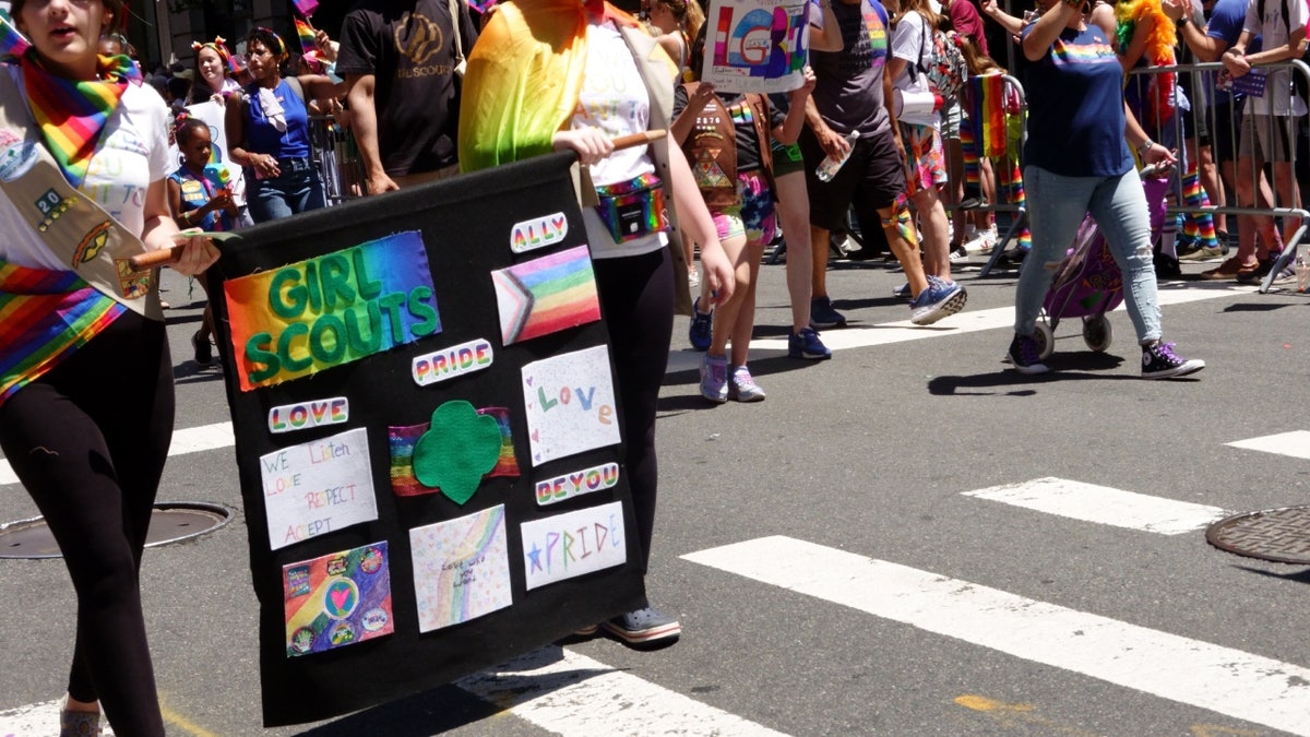 Girl Scouts marching in NYC pride parade