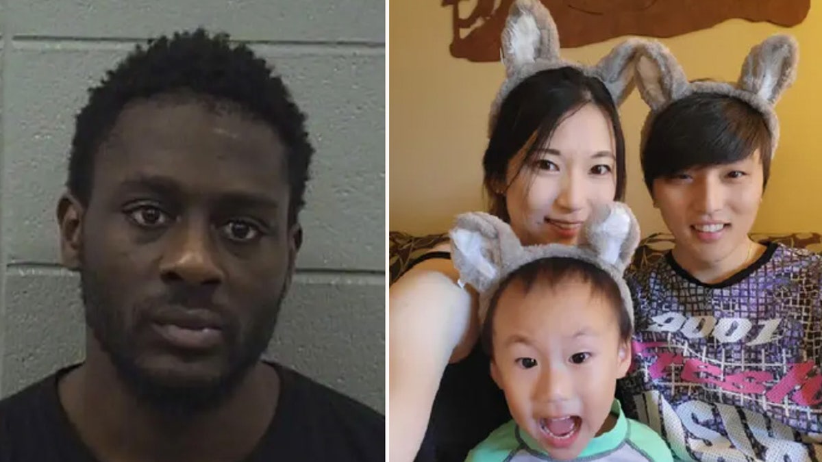 Man shown in booking photo in split next to family wearing bunny ears.