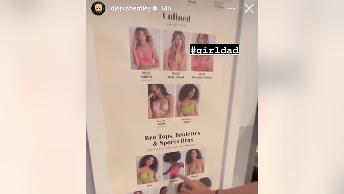 Dierks Bentley pans to a sign in a store that shows the different bras offered