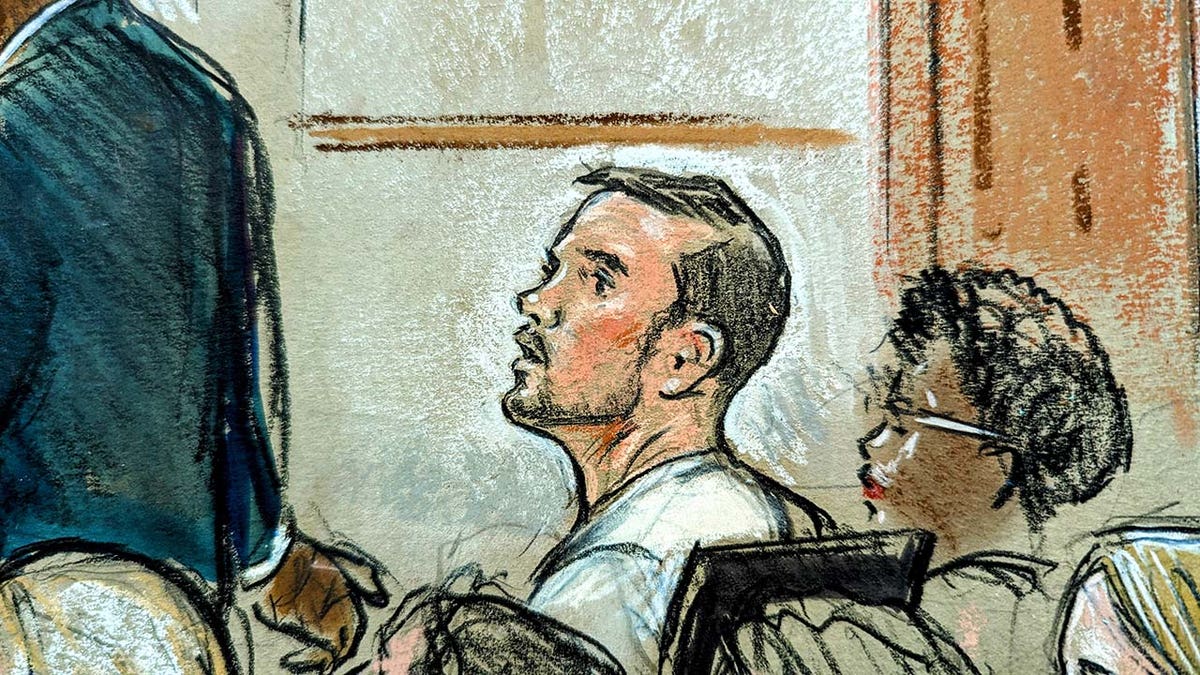 A courtroom sketch of Joran van der Sloot in federal court