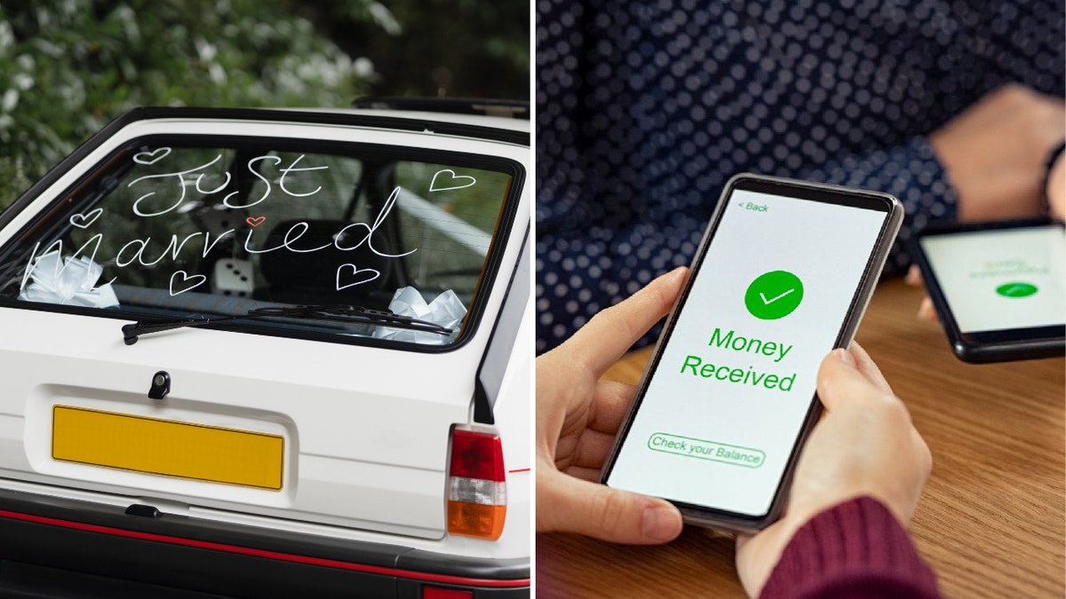 Left: 'Just Married' written on a car window. Right: Couple receive payment on app.