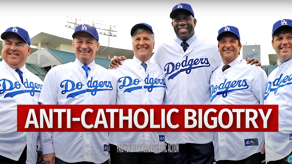 CatholicVote ad screen grab showing Dodgers front office officials in jerseys