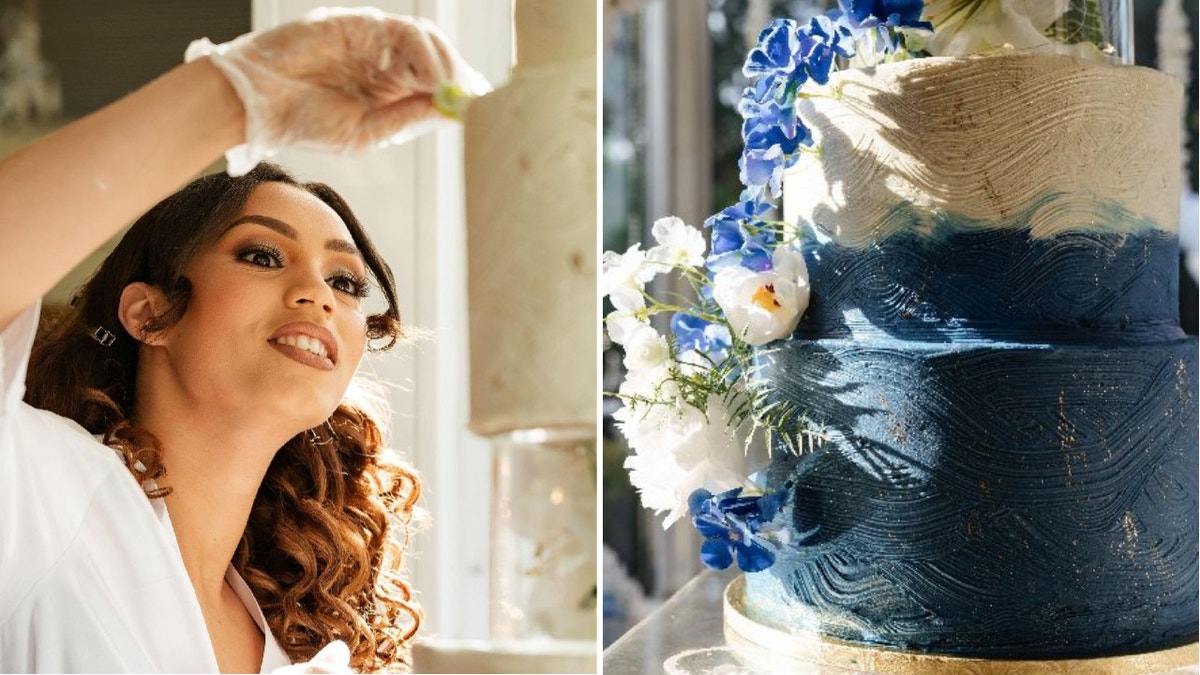 Lilly Mendoza (left) decorates wedding cake. A white and blue wedding cake (right) with a cascading floral vine.