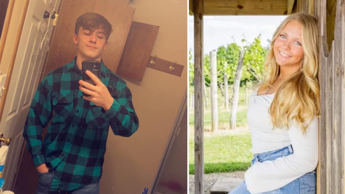 Blake takes a selfie in a plaid shirt. Natalie smiling as she stands against a wall outside.