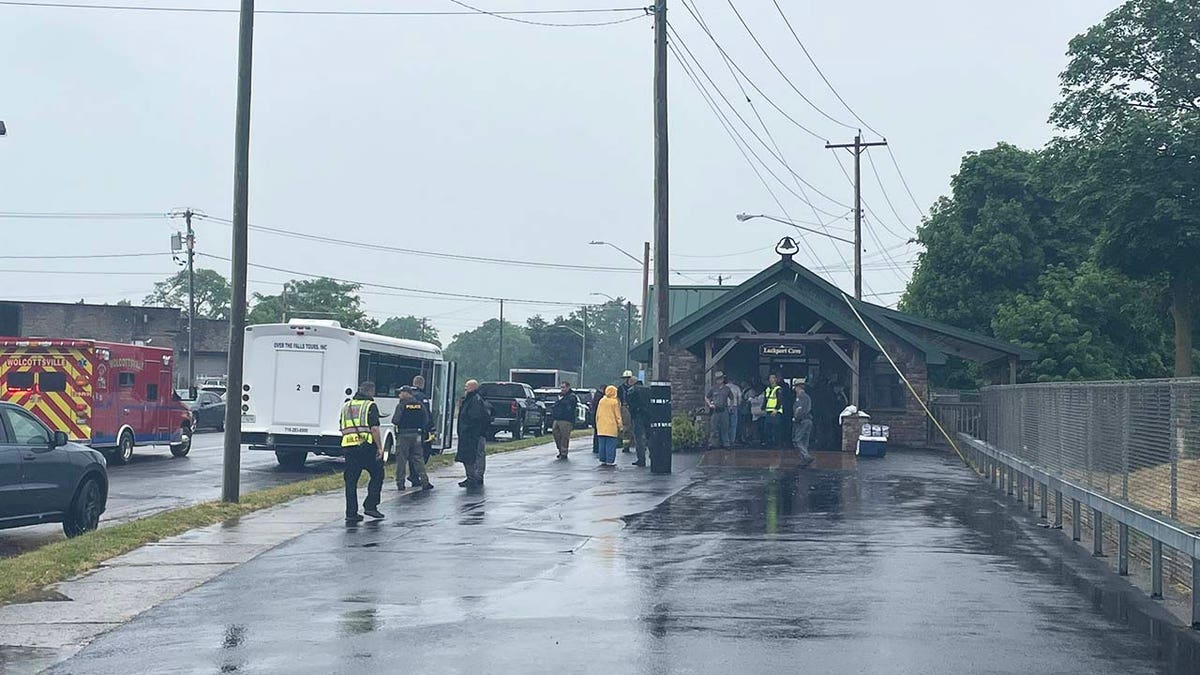 Emergency responders outside of the Lockport Cave.