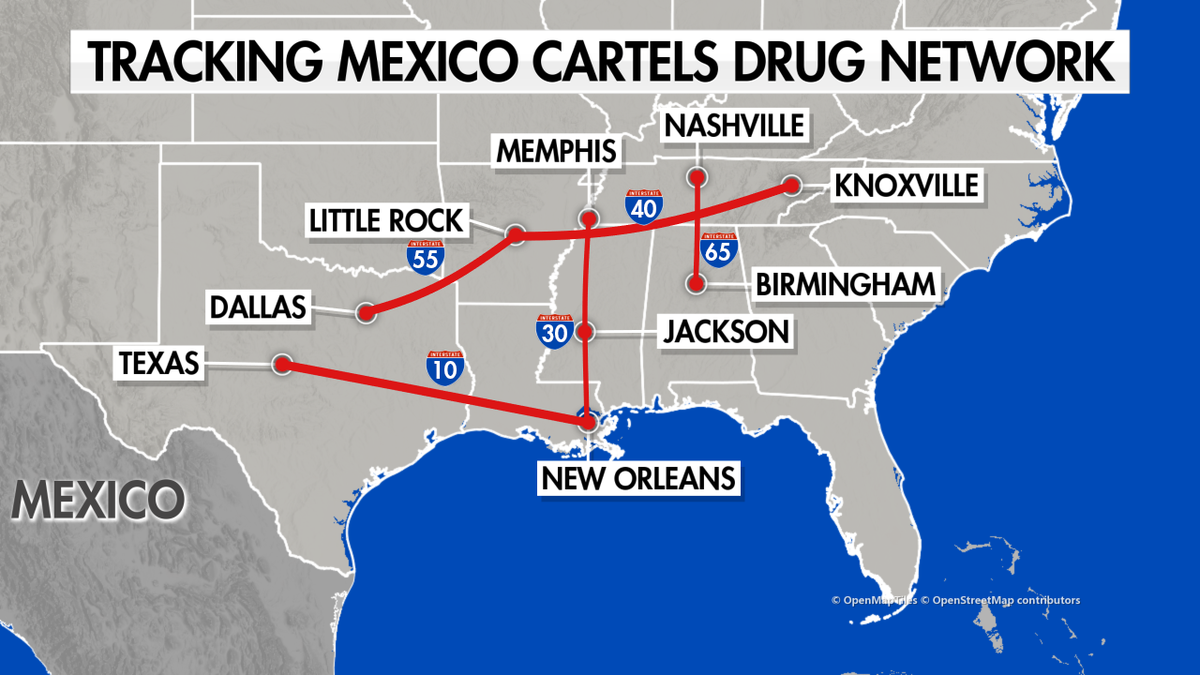 Map highlighting several interstate routes that are major drug trafficking routes in the U.S.