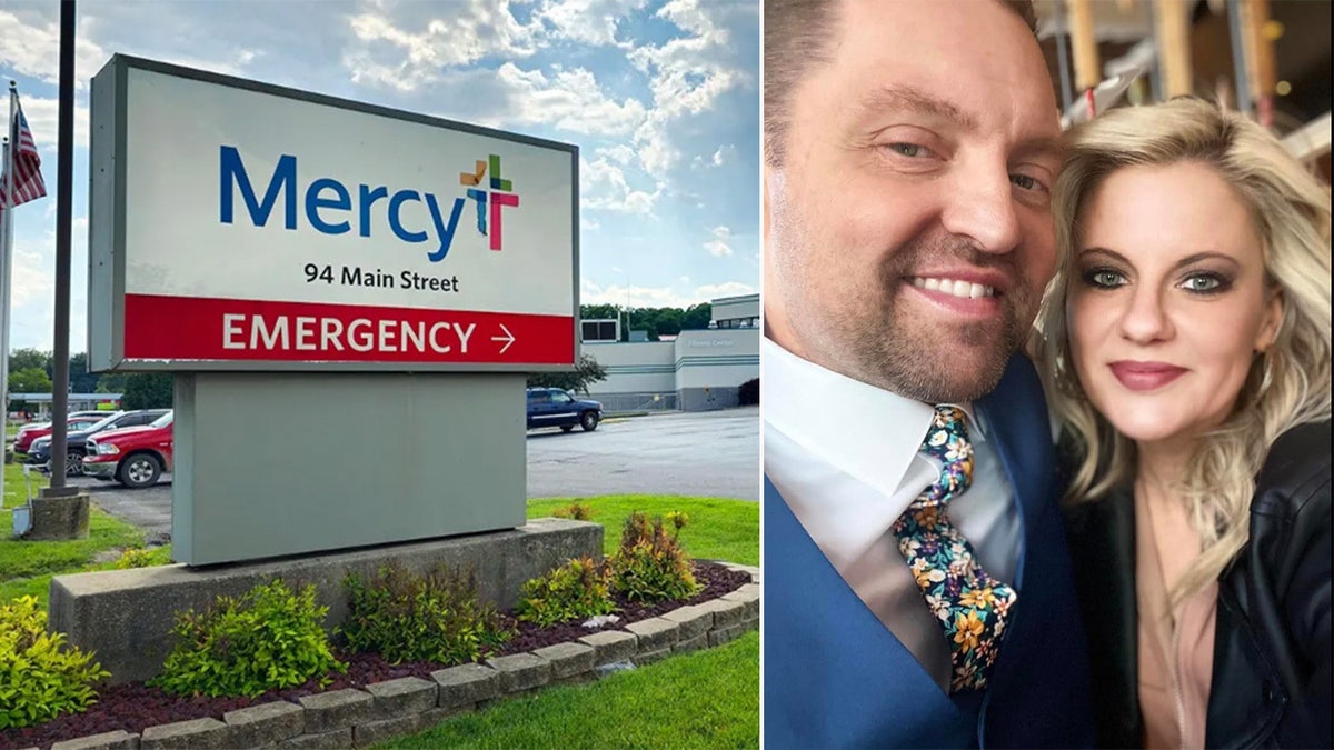 Mercy Hospital's sign next to John and his fiance posing in a photo. 