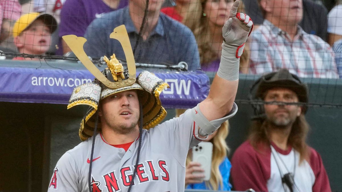 Mike Trout wears a viking helmet