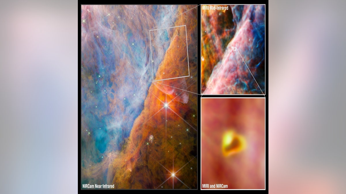 James Webb Space Telescope images of a part of the Orion Nebula known as the Orion Bar