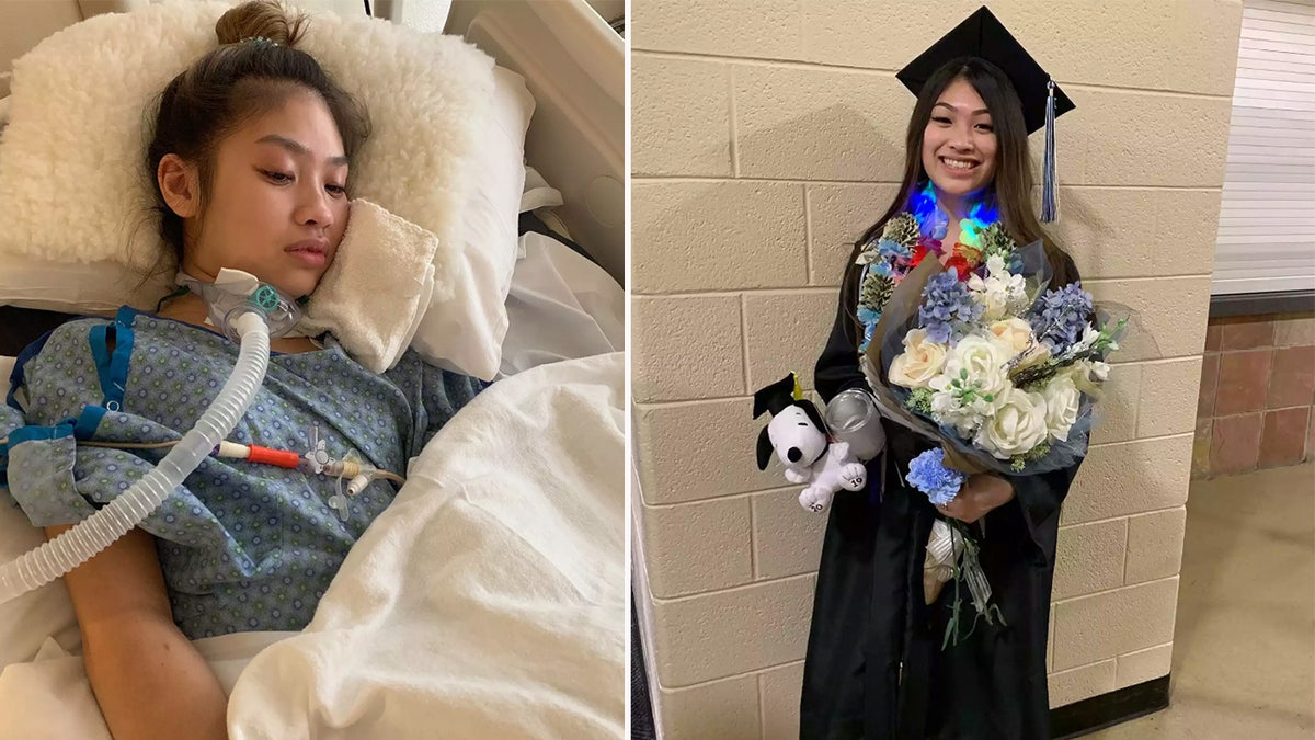 Emmalyn Nguyen in a hospital bed next to a photo of her in a cap and gown.