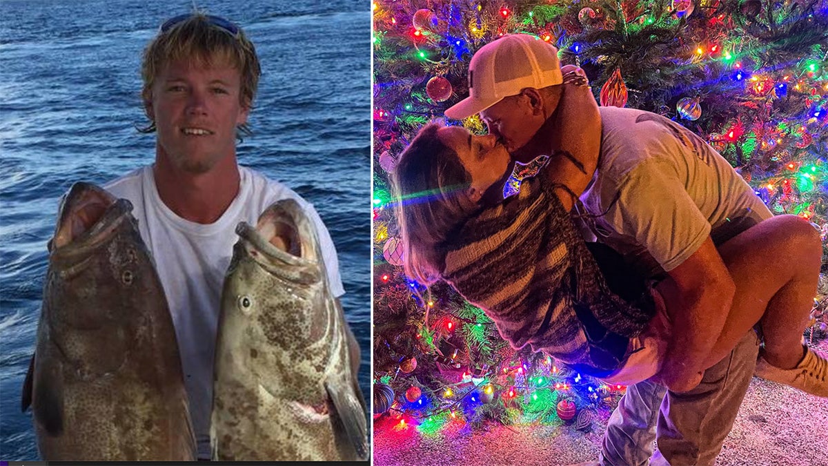 A split of Nulisch holding two gaped mouth fish and Nulish kissing Holbrook in front of Christmas lights.