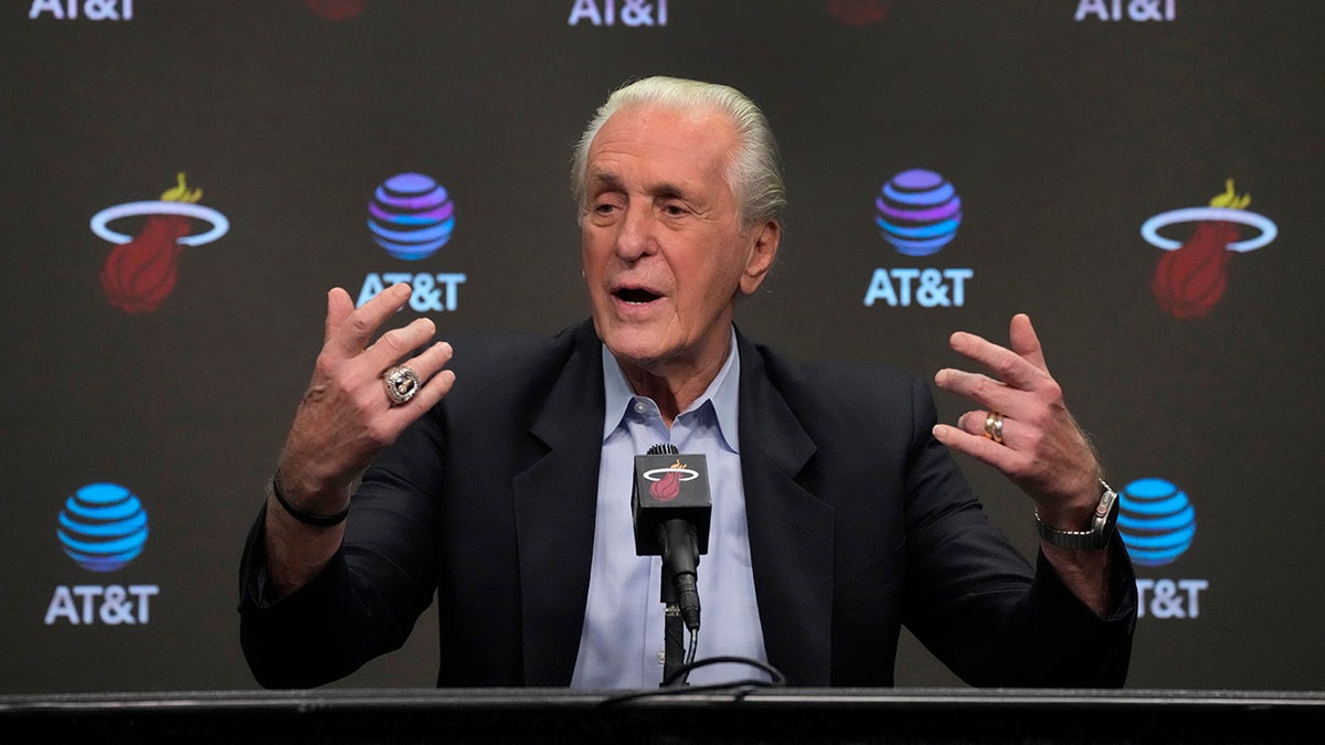 Miami Heat president Pat Riley speaks at a press conference 