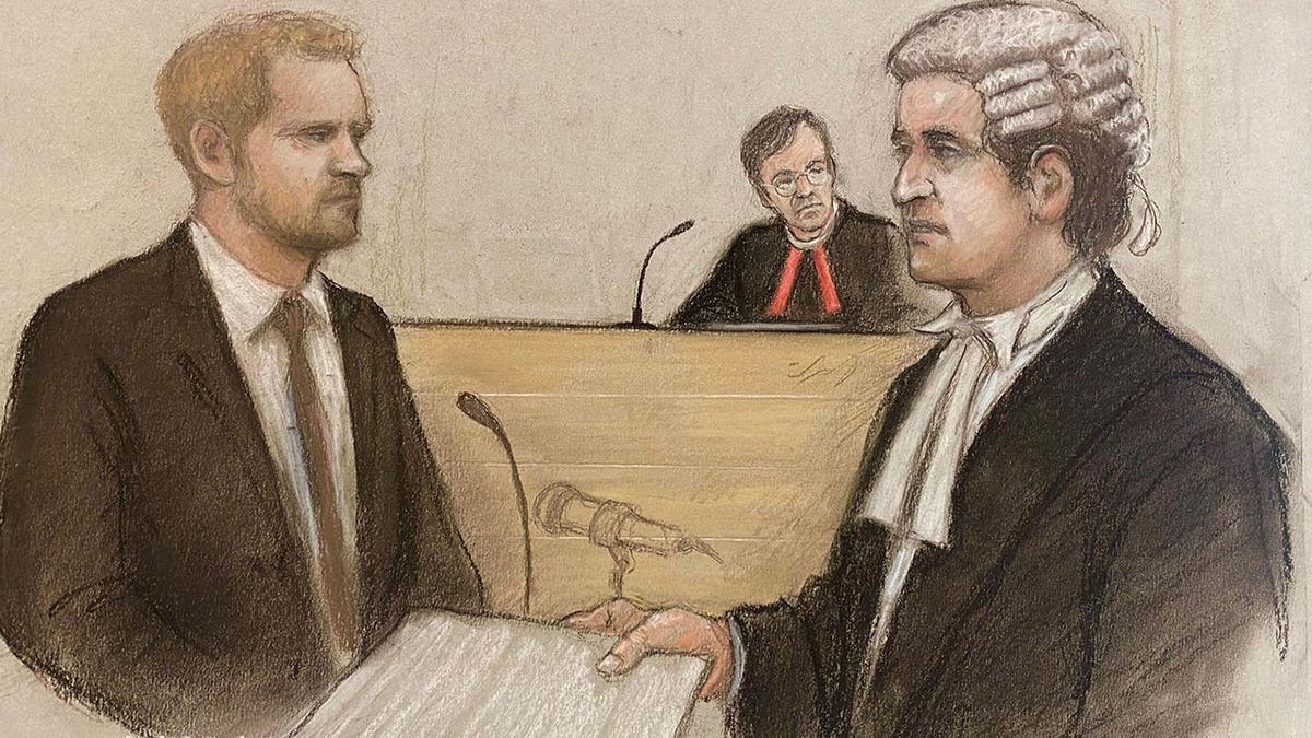 Court sketch of Prince Harry in court speaking to a barrister
