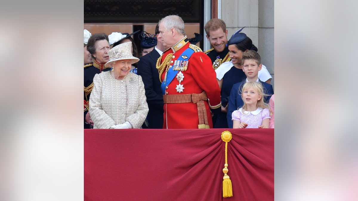 Queen Elizabeth, Prince Andrew, Meghan Markle and Prince Harry on royal balcony