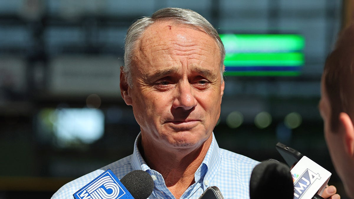 MLB Commissioner Rob Manfred speaks to the media prior to a game between the Milwaukee Brewers and the San Francisco Giants at American Family Field  in Milwaukee on May 25, 2023.