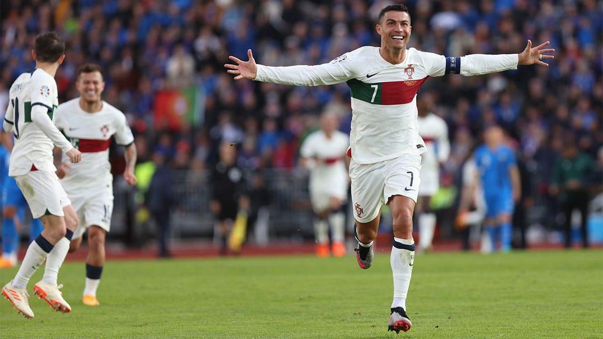 Cristiano Ronaldo of Real Madrid celebrates following his team's 2-0 in  2023