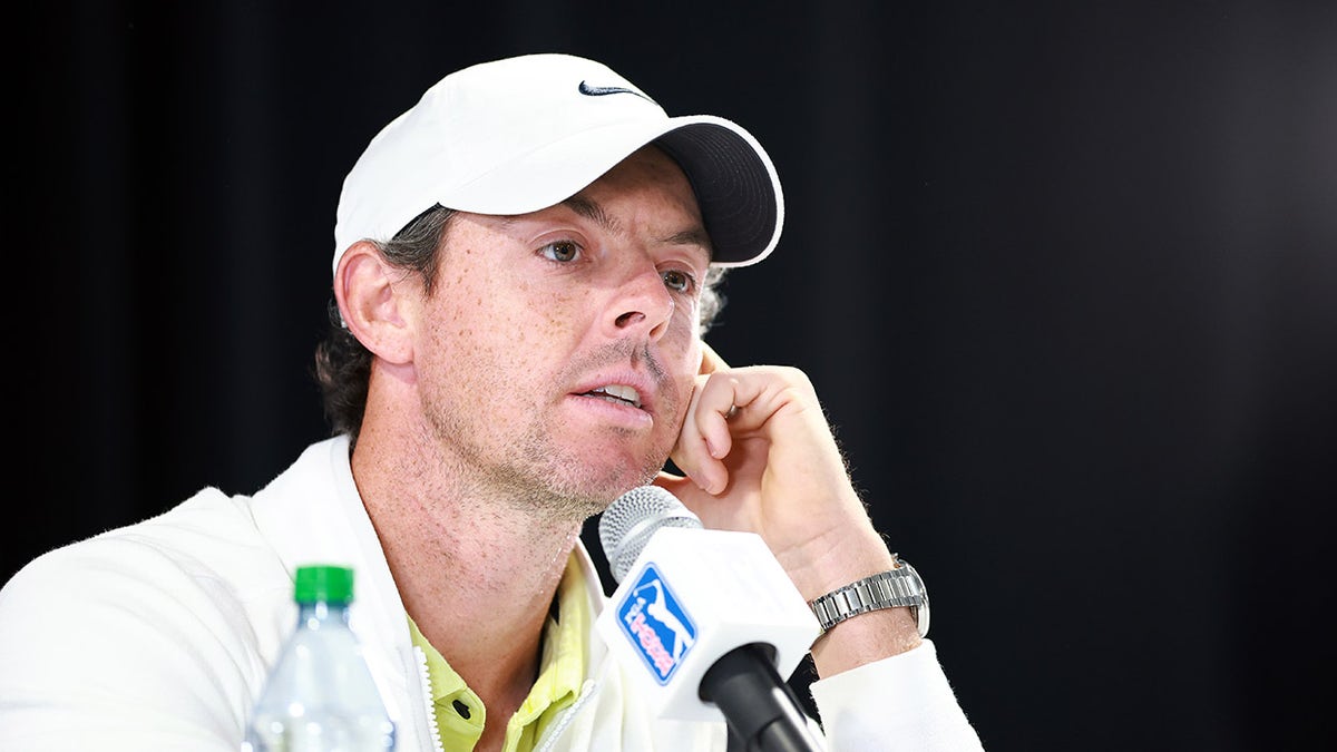 Rory McIlroy takes questions at podium