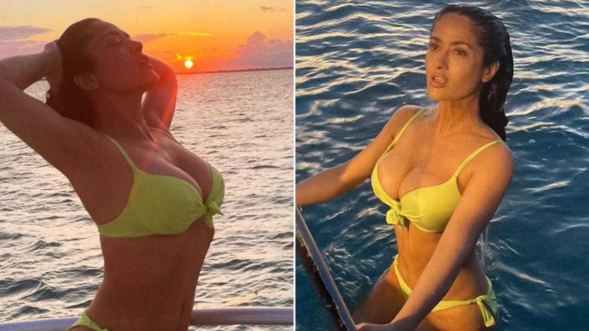 Salma Hayek posing on a boat in a yellow bikini