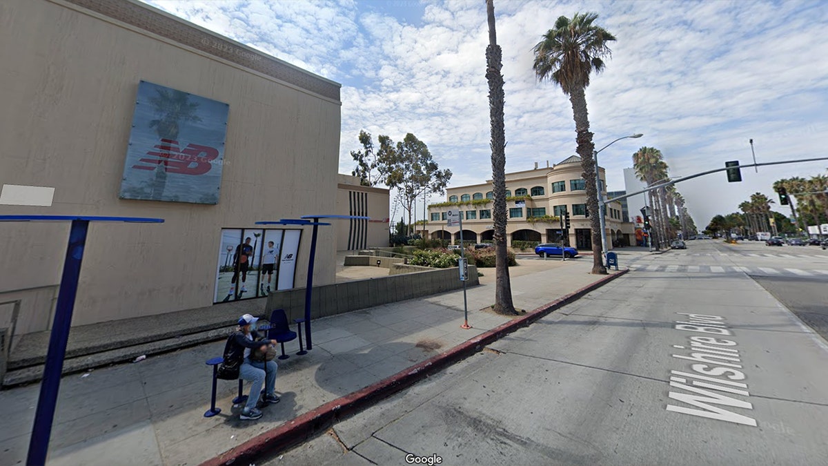A person sits at a bus stop in Santa Monica on a street lined with palm trees