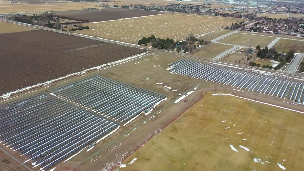 A drone image of the Scottsbluff, Nebraska, solar project in March 2020.