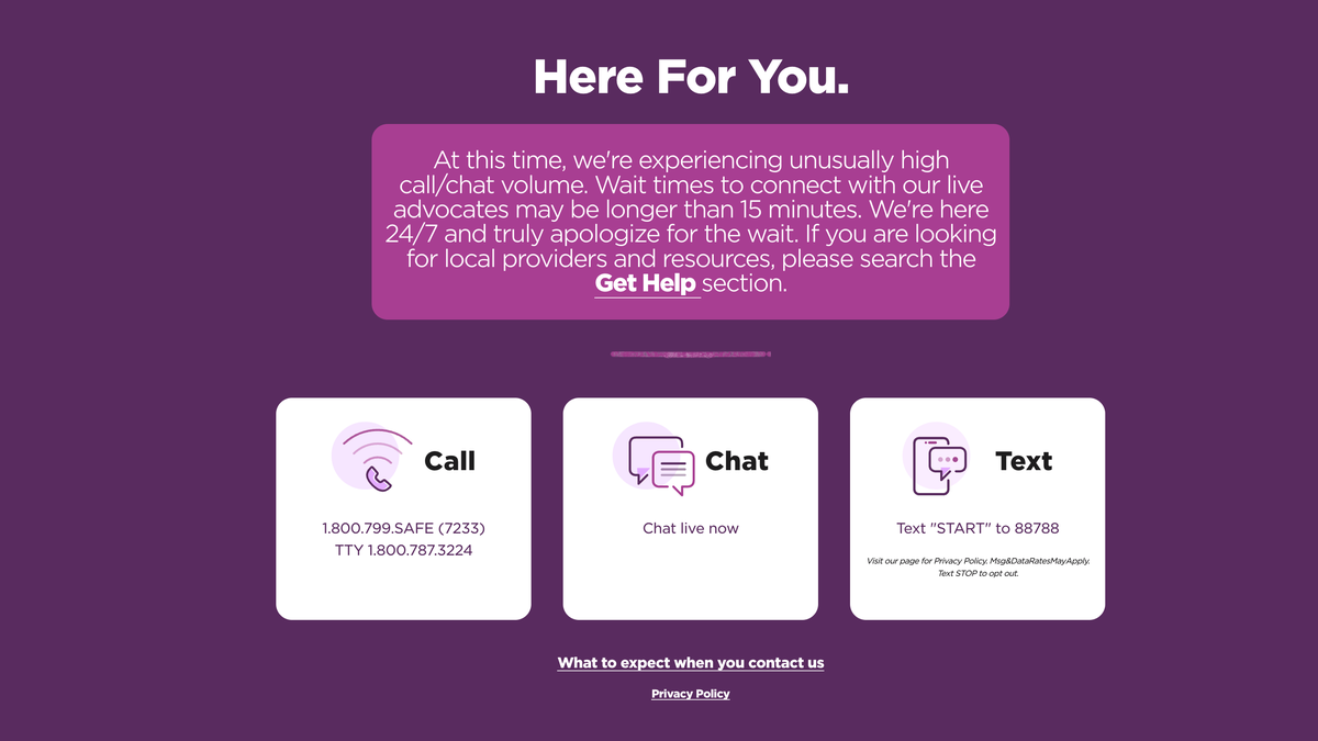 snapshot of DV hotline website telling callers about the high call volume