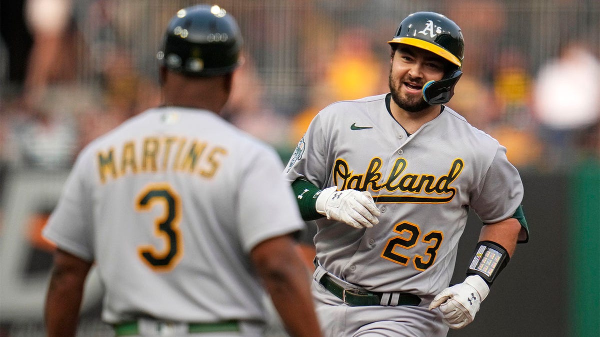 Shea Langeliers celebrates after hitting home run