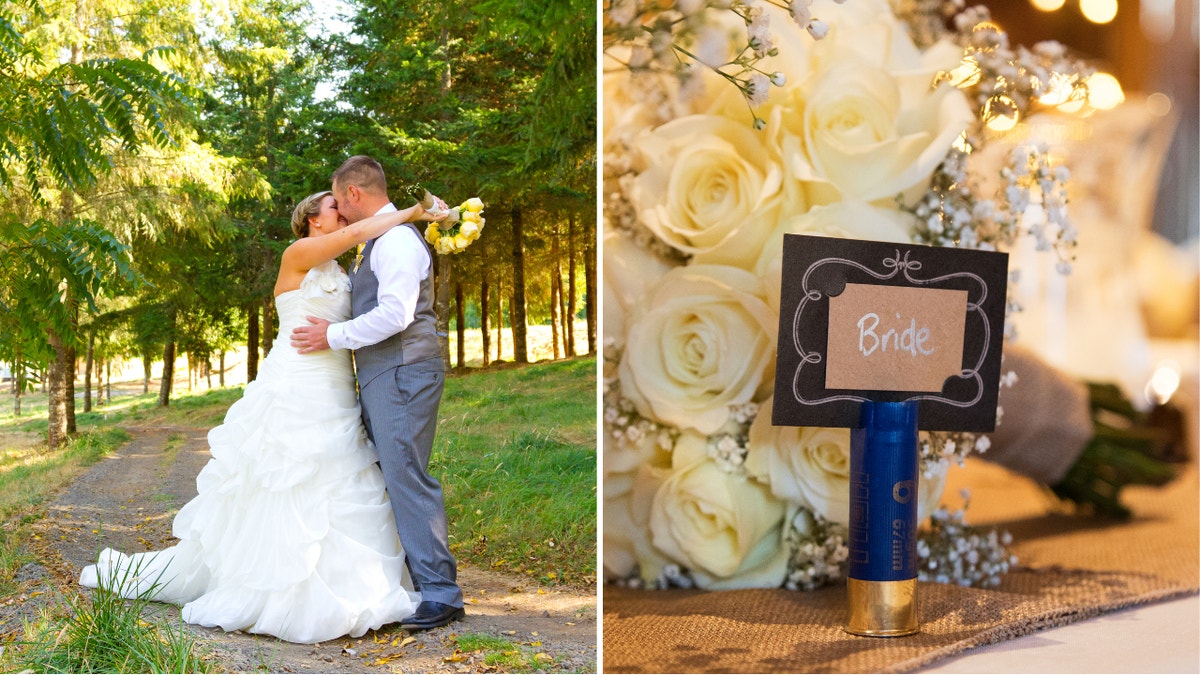 Left: Newlyweds hug and kiss. Right: Blue shotgun shell placeholder for bride.