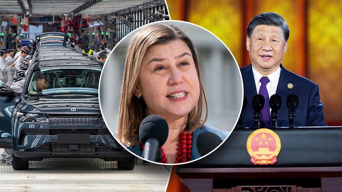 Elissa Slotkin, inset, car assembly line left, Xi Jinping right