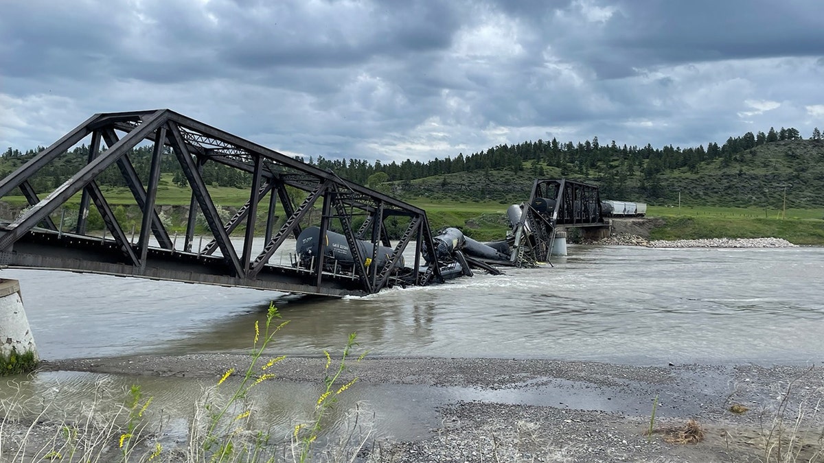 collpased bridge and submerged train cars