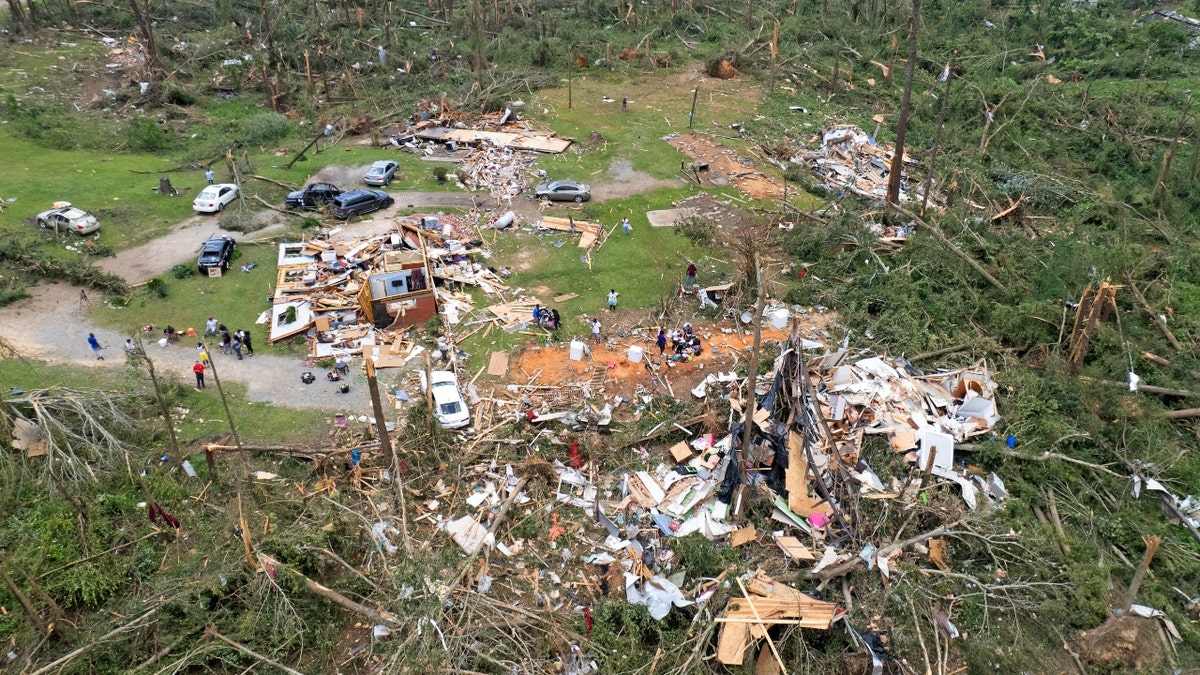 An aerial view of Mississippi tornado damage