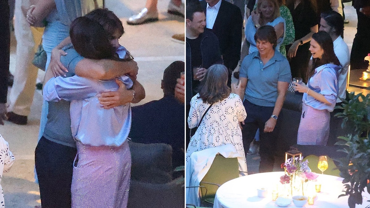 Split of Tom Cruise hugging Hayley Atwell and both at a party with co-stars