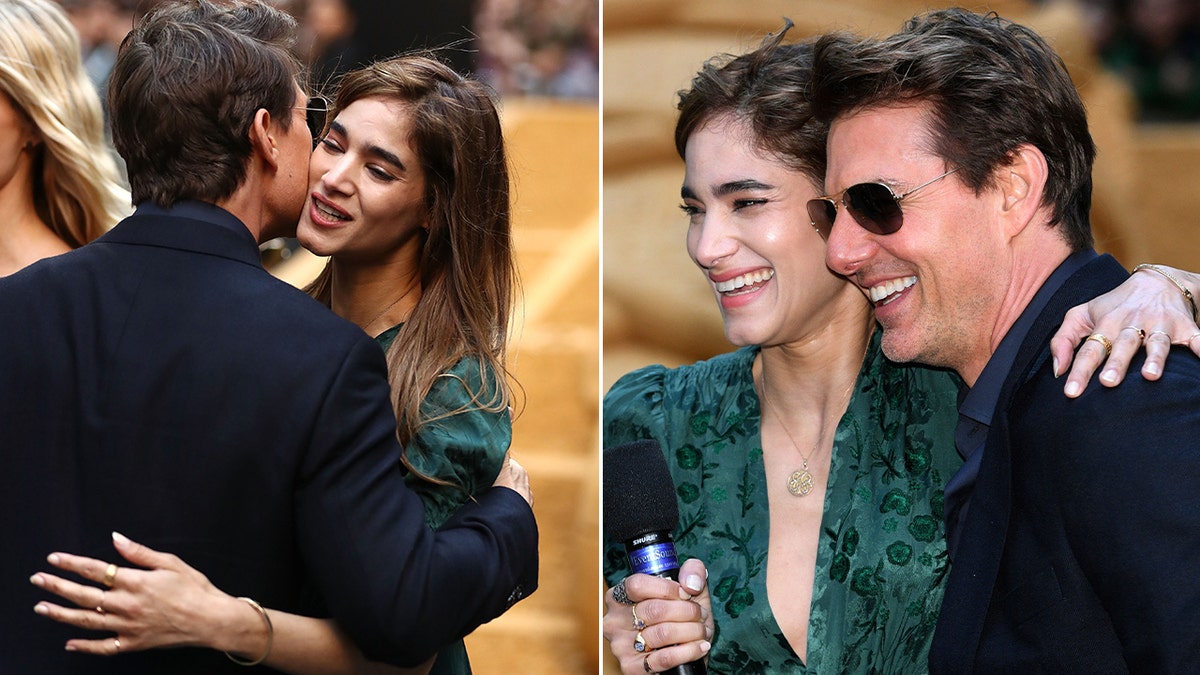 Split of Tom Cruise kissing Sofia Boutella on the cheek and her with her arm around him