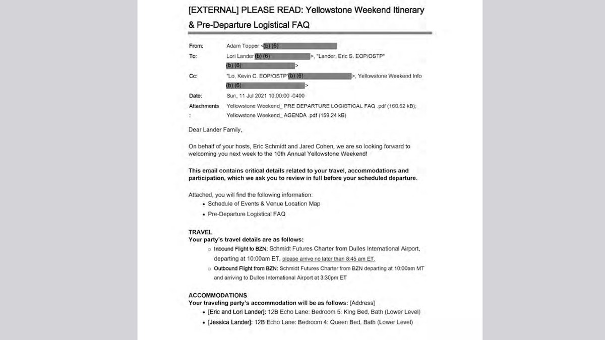Schmidt's assistant informs Lander of his travel arrangements, which include private jet travel to and from Montana for the retreat, in a message to his White House email address.