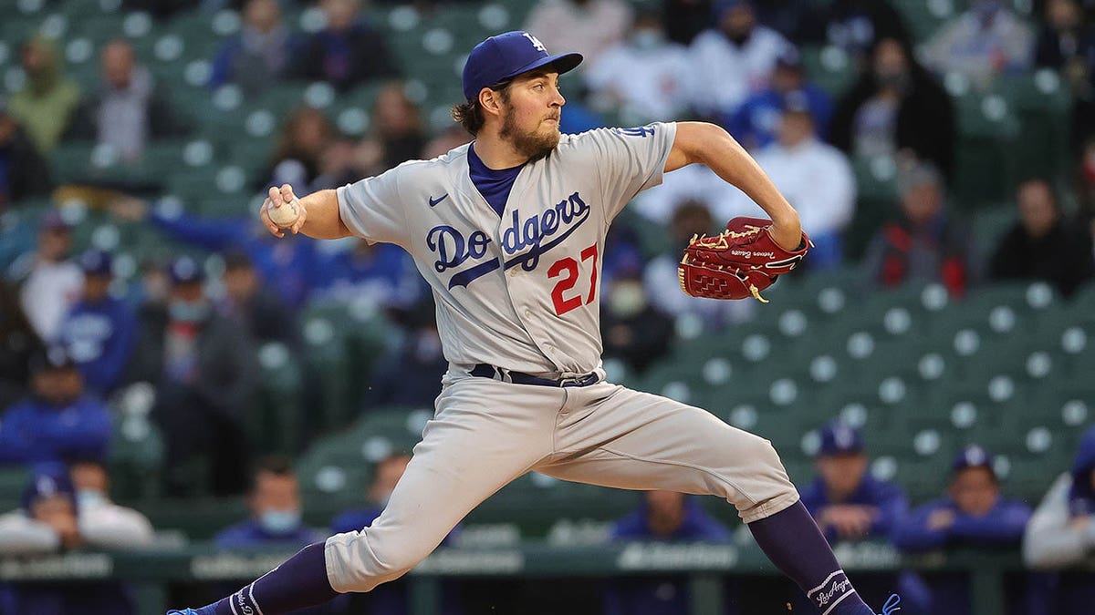Trevor Bauer pitches for the Dodgers